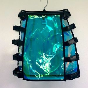 Small see threw vinyl chrome blue buckle skirt.